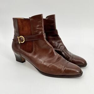 Vtg 90s Salvatore Ferragamo Bootie Womens 11 Brown Leather Suede Buckle Italy